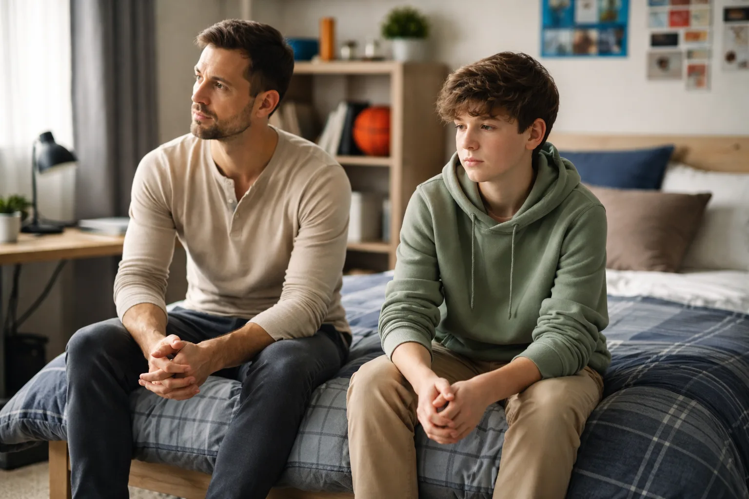 A father and teenage son sitting side by side on a bed, talking