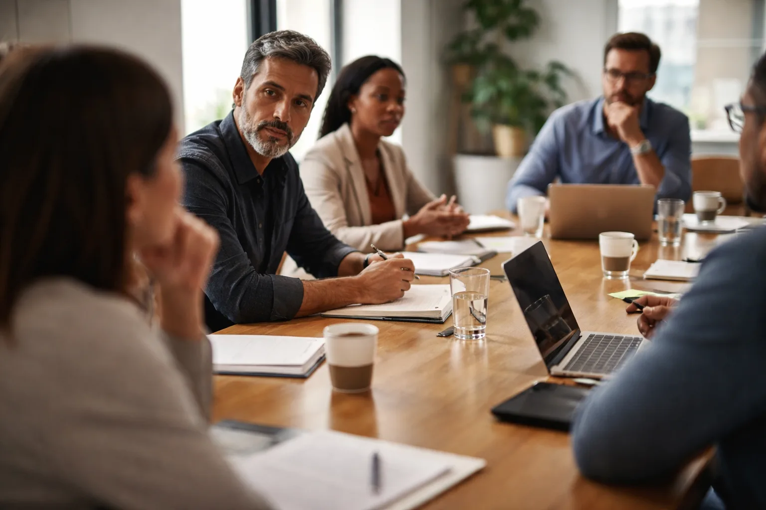 Colleagues around a meeting table, one speaking while the others listen