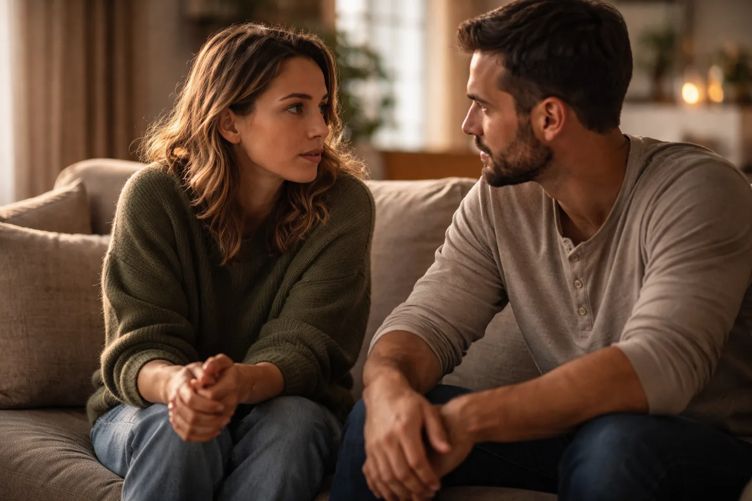 A couple on a sofa mid-conversation, the woman with arms crossed as the man talks
